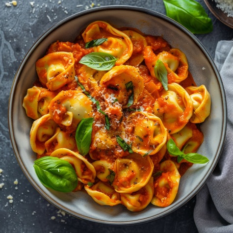 Τορτελίνια αλά κρεμ με σάλτσα ντομάτας & μανιτάρια