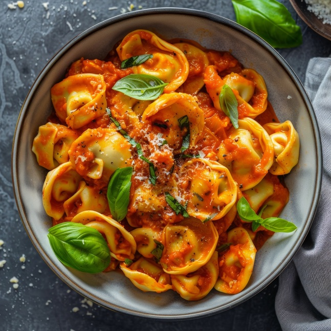 Τορτελίνια αλά κρεμ με σάλτσα ντομάτας & μανιτάρια